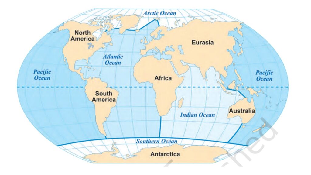 oceans and continents on world map