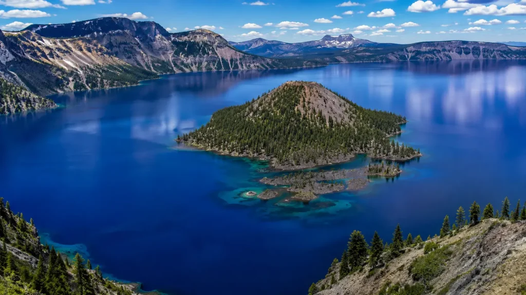 Aerial view of Crater Lake in Oregon showing its deep blue volcanic water and Wizard Island (AI Generated)