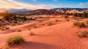 Rolling pink sand dunes at Coral Pink Sand Dunes State Park in southern Utah during sunrise