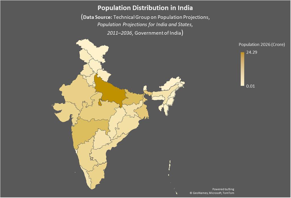 Map Showing Population Distribution in India