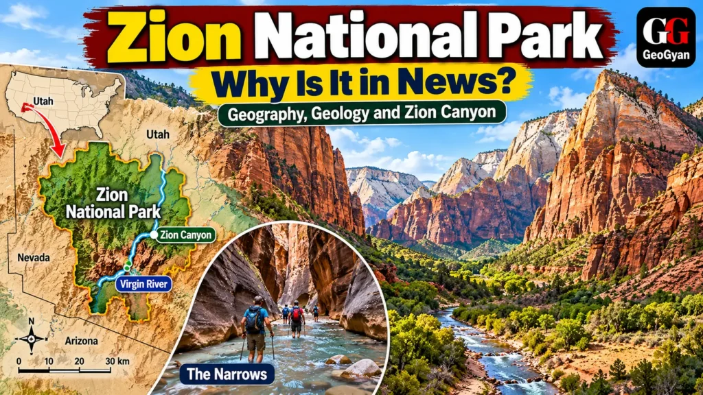 Zion National Park Utah map showing Zion Canyon, Virgin River and sandstone landscape